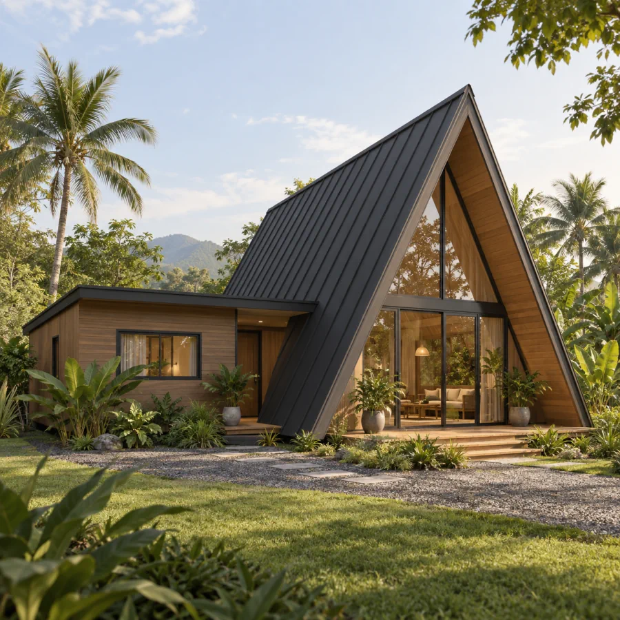 ภาพจำลอง AI บ้านทรง A-frame ด้านหน้ากระจก เชื่อมส่วนอาคารทรงสี่เหลี่ยมด้านข้าง