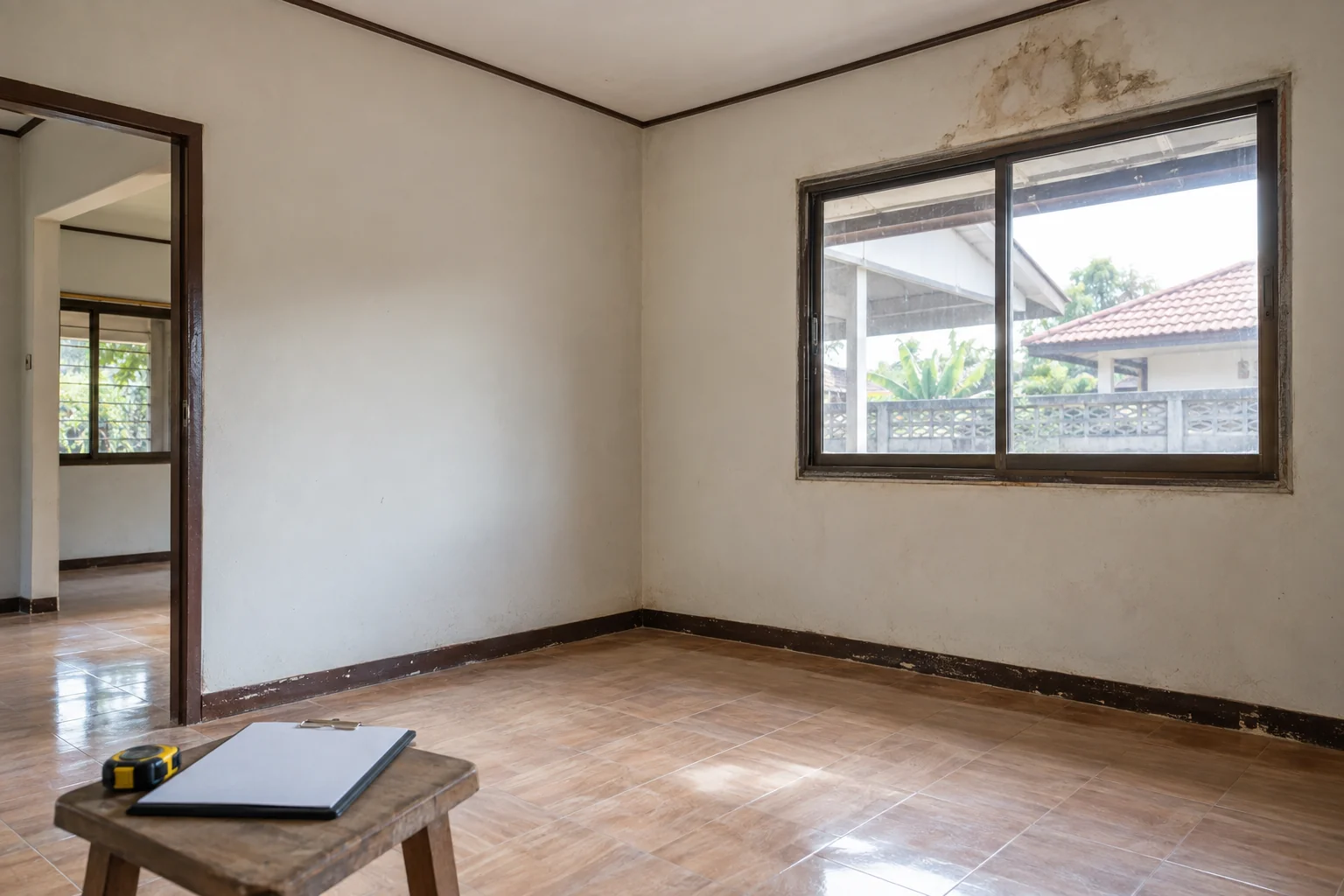 ภาพห้องว่างที่มีรอยบริเวณผนังเหนือหน้าต่างและขอบพื้นสำหรับอธิบายการตรวจสภาพบ้าน