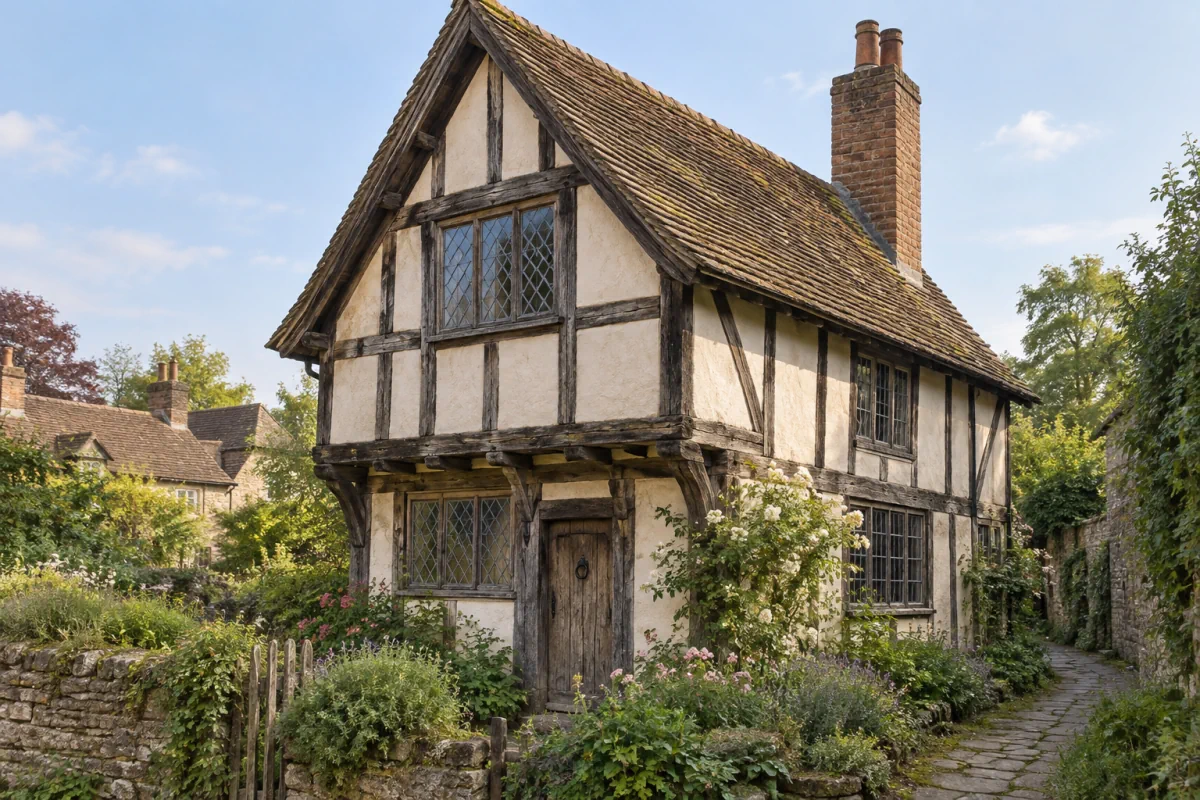 ภาพจำลองบ้านยุคกลางแบบ English Cottage Tudor โครงไม้และหลังคาจั่วสูง
