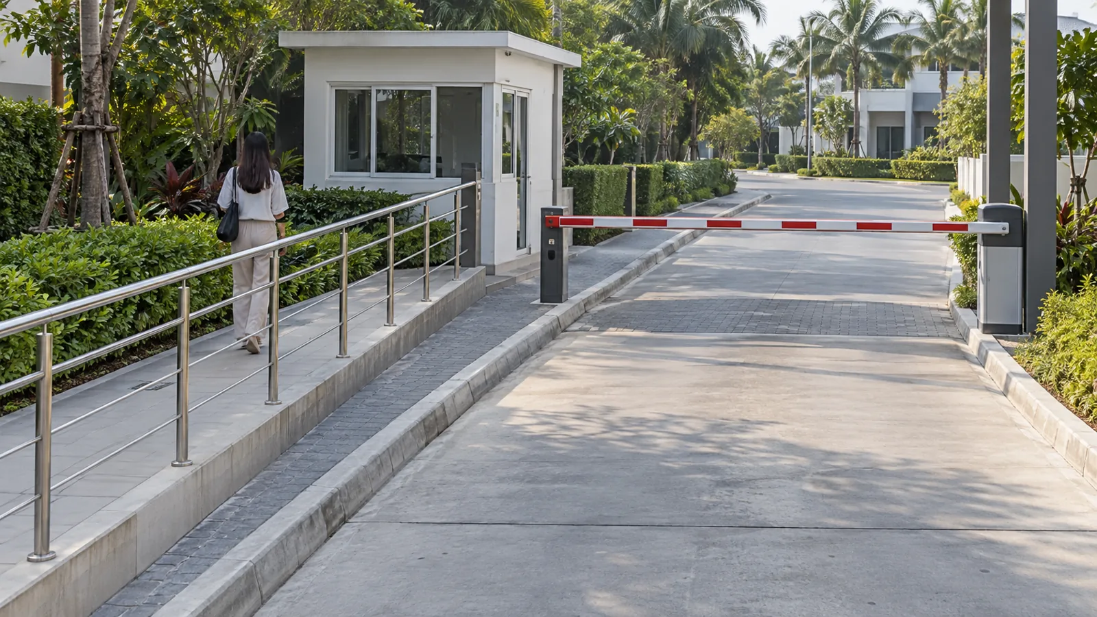 ทางเดินคนแยกจากช่องรถและแนวแขนกั้นบริเวณป้อมยาม