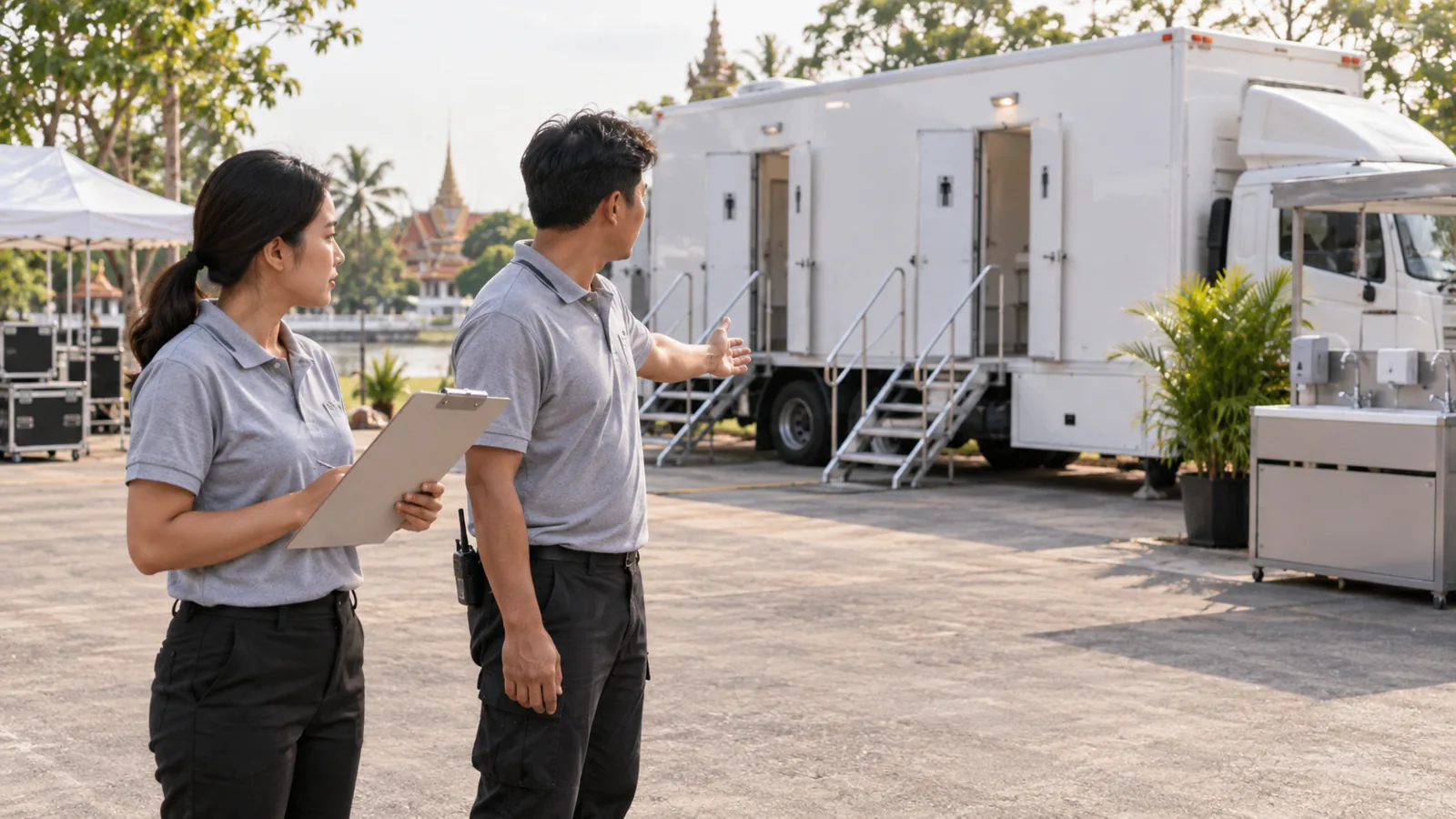 ภาพจำลองผู้จัดงานสำรวจจุดจอดและทางเข้ารถห้องน้ำก่อนเริ่มงาน